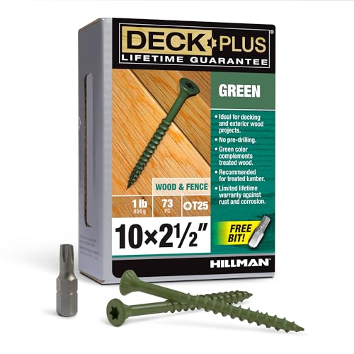 Image of Deck Plus 2-1 /2 Inch Epoxy Coated Exterior Wood and Fence Screws #10 x 2-1 /2 inch Torx /Star Drive Included Coarse Thread, Outdoor Rust Resistant Decking Screw, Green, 1lb Box, 73 Pieces | 48401