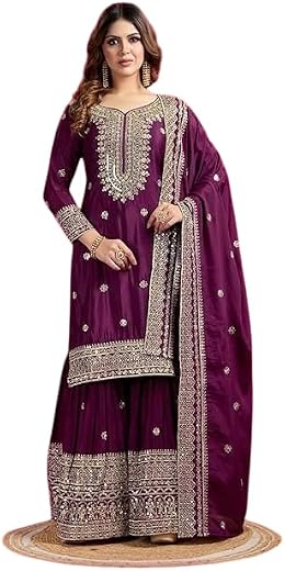 Embroidered Sharara Kurti Set with Dupatta, Traditional Indian Ethnic Wear for Women