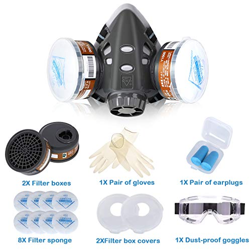 19 In 1 Reusable Face Cover Set With Glasses For Gas, Painting, Dust, Machine Polishing, Organic Vapors With Filter Cotton, Staining,Car Spraying,Sanding &Cutting, Diy And Other Work Protection #TOP6