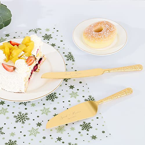 Vomiceak Wedding Cake Knife And Server Set, Personalized Gold Cake Serving Set, Engraved Cake Cutting Set For Wedding, Pie Server Pizza Cutter, Bridal Gift(Cus-Flower) #TOP4