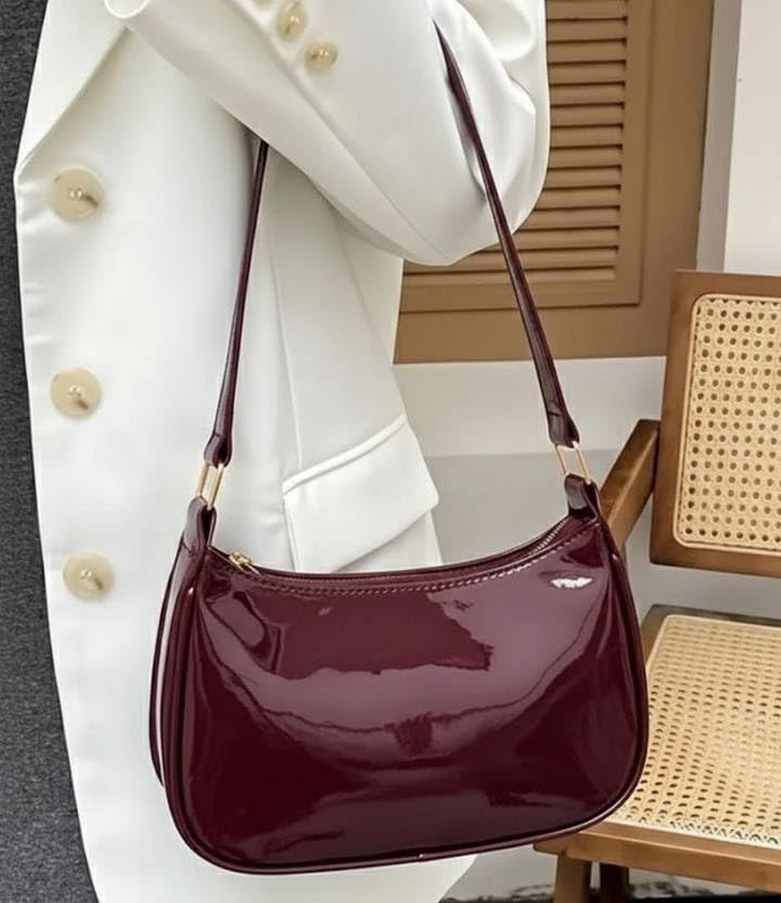 Image of Women's Glossy Shoulder Bag | Mini Hobo Handbag for Girls & Ladies | Stylish Patent Leather Purse for Party & Daily Use