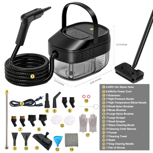 Image of 2-in-1 Handheld Steam Cleaner with Detachable Mop & 360 Swivel Rolling Base.2500W High Power. 3 Bar 221F High Pressure Steam Cleaner, 15S Heat-Up, 1.6L Water Tank, 3 Steam Levels Adjustable【Black】