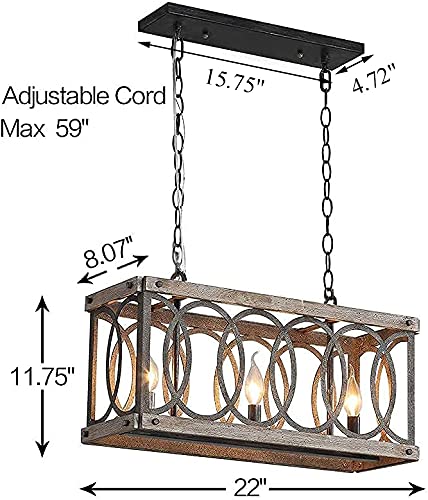 PHILOMENA Antique Wood Farmhouse Chandelier, 3-Light Rustic Bronze Cage Rectangular Dining Room Light Fixtures Over Table, Rectangle Linear Foyer Pendant Lamp Ceiling Hanging - Image 7