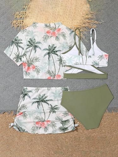 Image of Girl's 4 Piece Set Coconut Tree Print Criss Cross Bikini Sets with Mesh Cover Up Green 160