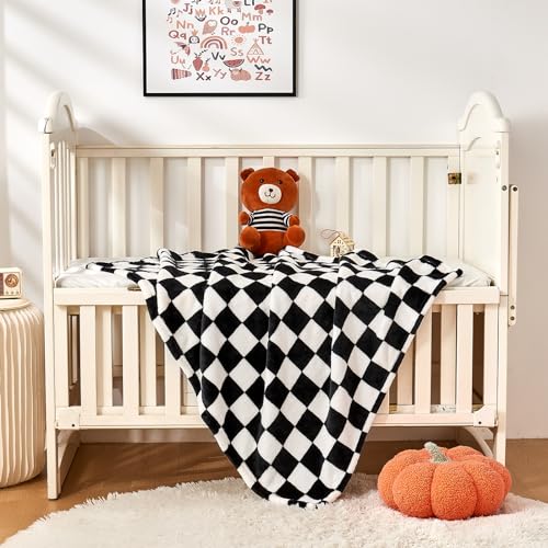 Image of Yurhap Checkered Baby Blanket Fleece Baby Blankets for Boys Girls, Ultra Soft Cozy Fluffy Infant Toddler Newborn Receiving Blankets for Crib Stroller, 30''x40'', Black