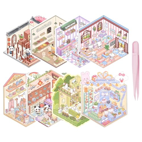 Leikedun 50 Sets Libro de Pegatinas 3D con Escenas, DIY Scene Stickers, House Stickers, Creativo Alivio del Estrés Relajación Diversión Artesanal para Adultos y Niños incluye Pinzas