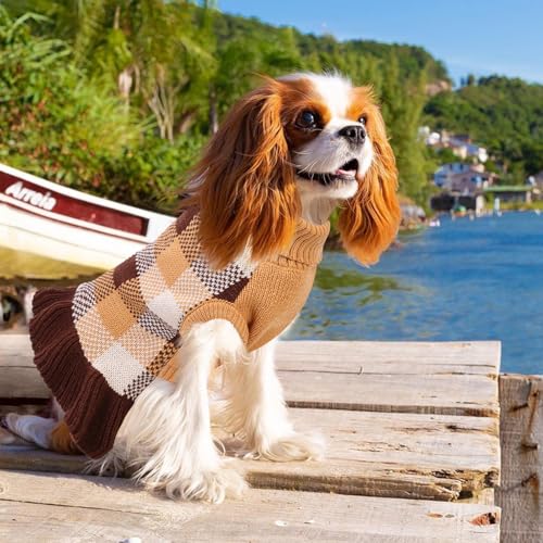 Image of Dog Sweater Dress Plaid Knitwear for Small Medium Dogs Warm Puppy Pet Turtleneck Stretch Pullover Cute Fall Winter Vest Clothes with Leash Hole for Christmas (Coffee, 2XL)