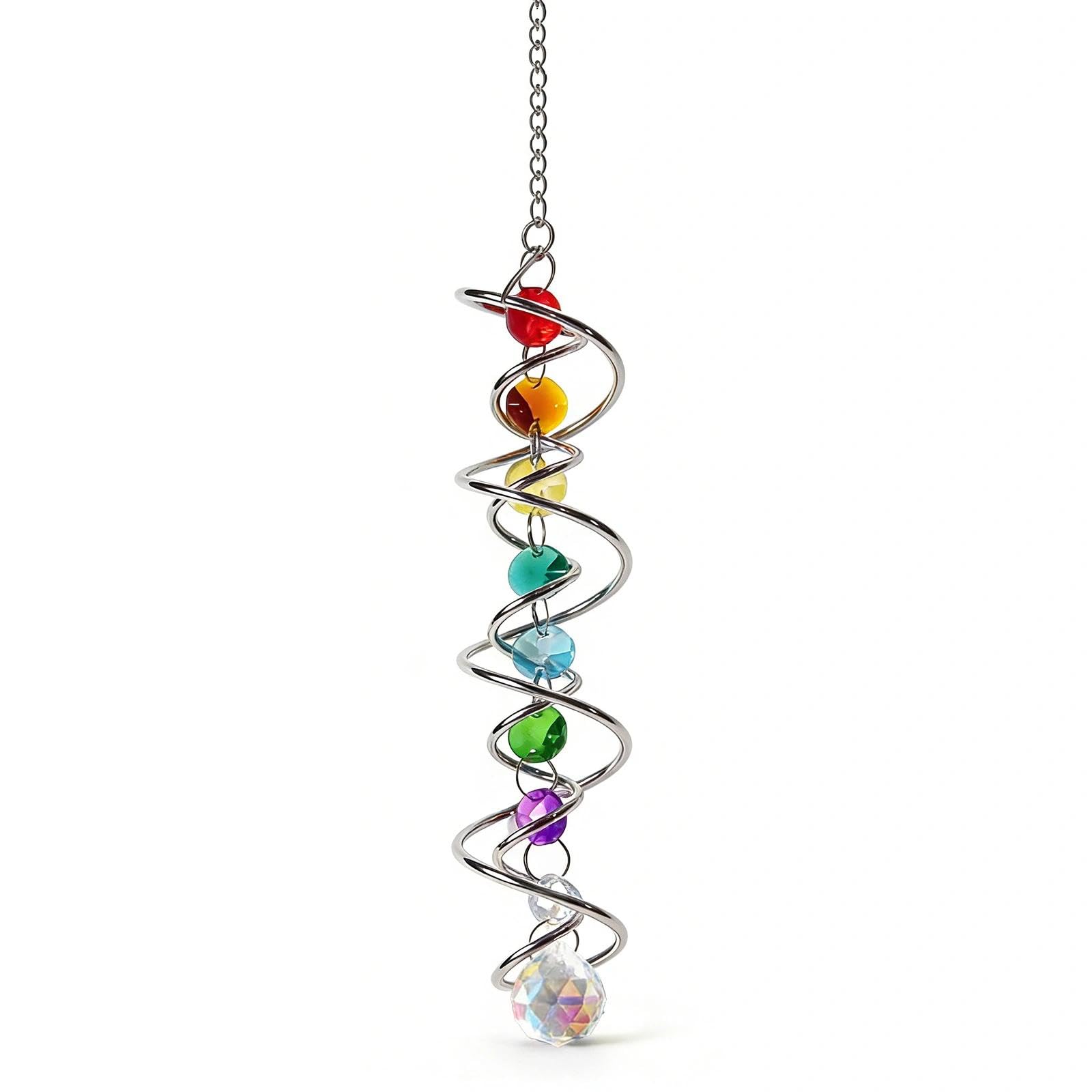 Atrapasoles Cristal con Doble Espiral, Atrapasol Suncatcher Colgante Campana de Viento Decorativa con Siete Perlas de Chakra y Bola de Cristal para Ventana Jardín Boda 45 CM