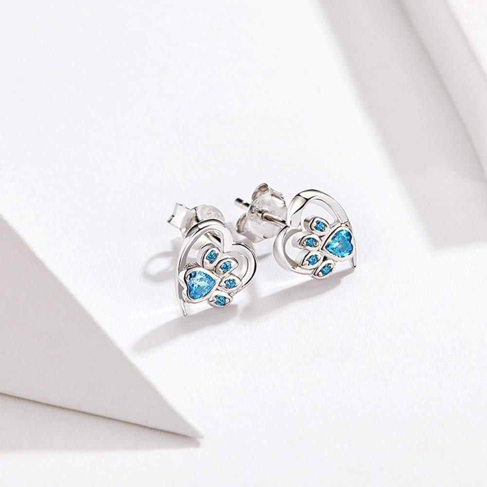 YCTTKDD Hypoallergene 925er-Sterlingsilber-Ohrstecker, Herz-CZ-Hundekatze-Klauendruck-Ohrringe, Mädchen-Silberschmuck, geeignet für Haustierliebhaber und Mädchen
