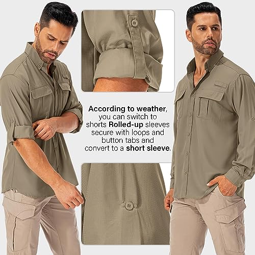 Asfixiado Hemd Herren Safari UPF50+ UV Schutz Wanderhemd Herren Langarm Funktionshemd Outdoorhemd Atmungsaktiv Schnelltrocknend Casual Button Down Shirts(Khaki XL)