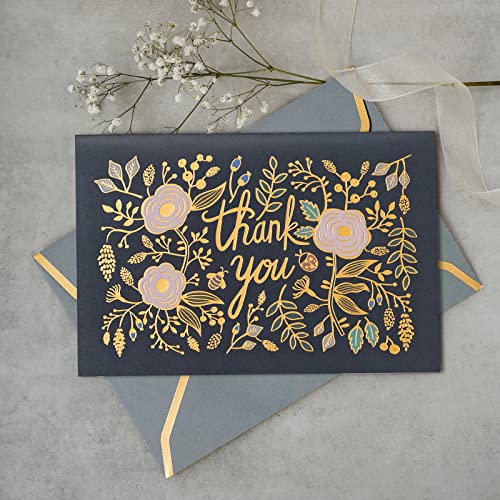 Thank You Cards with Envelopes, Midnight and Gilded Blooms, Gold Foil ...