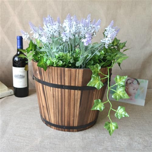 Image of Healeved Wooden Round Barrel Flower Pot Planter with Breathable Bottom Hole for Home Office Garden Decor 7.08X5.9 Inches