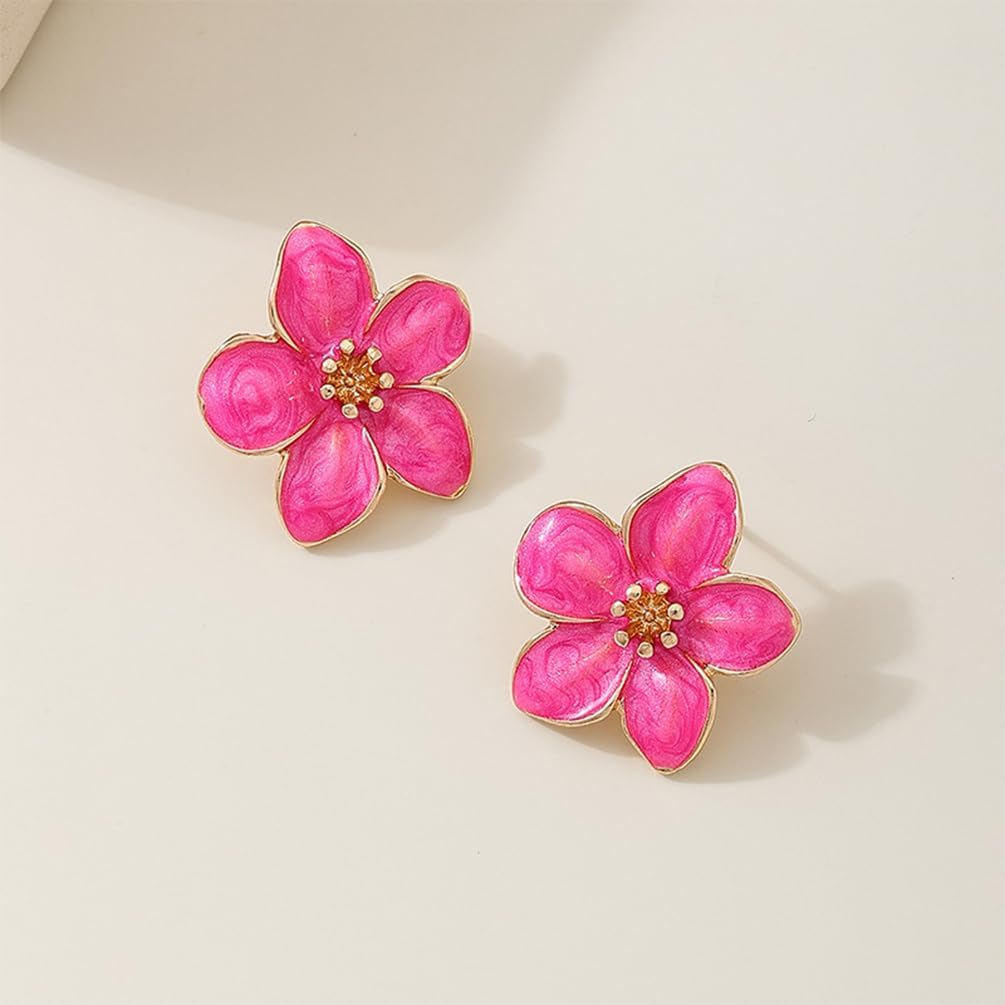Cute White Enamel Flower Petal Gold Stud Earring for Women Statement, Boho Charm Red Floral Dangle Earrings Trendy Hoilday Costume Accessories Jewelry - Image 4