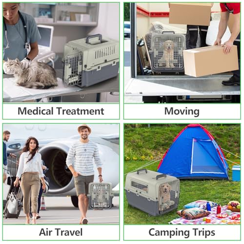 Eldzenith Katzentransportbox, Transportbox Hund mit Sicherheitsverriegelung und LüFtungsgitter, katzenbox für Flugreisen mit Urinbarriere Schalen FressnäPfe und Tragegriff(S, 50×33×33cm)