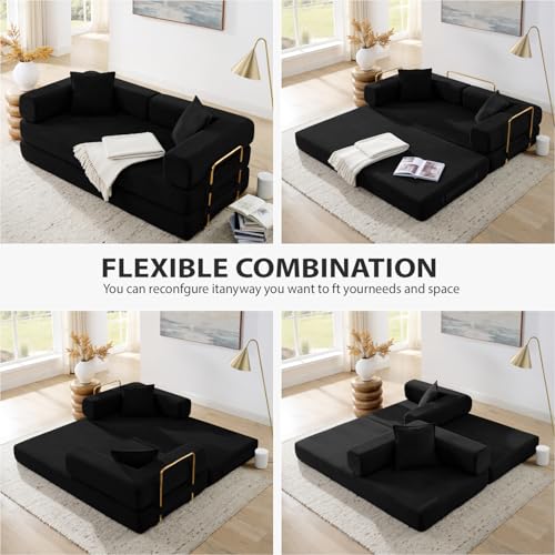 Image of HANXIN 78 Inch Convertible Sleeper Sofa Bed, Folding Floor Mattress Couch with Fixed-Shape Frame, Futon Boneless Couch Lounge Loveseat with Pull Out Bed, No Assembly Required (Black)