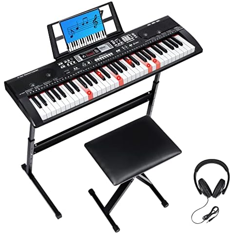 Keyboard Piano, iropro 61 Key Electronic Keyboard Piano with Music Stand, Digital Piano Bench, Lighted Keyboard, Music Keyboard with Headphones for Beginner, Kids and Adults, MP3/Recorder/Bluetooth Cover