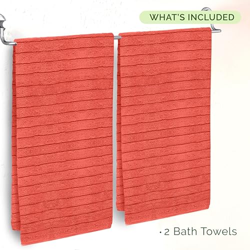 Image of Elegant Comfort 100% Turkish Cotton Corduroy Ribbed Luxury Soft 2 Pack Bath Towels 27 x 54 Inch - Ultra Plush, Absorbent, Quick Dry, Hotel Spa Quality Towels for Bathroom Essentials, Coral