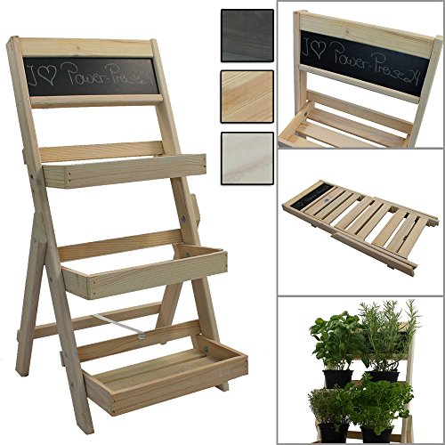 Escalera para flores de madera FSC® 74 x 39 x 40 cm con pizarra - Estantería para flores de madera impregnada resistente a la intemperie y durable, Color:Natural