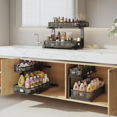 Image of 2 Pack 19.3IN-Depth Under Sink Organizer with Smooth Cylindrical Rail,2-Tier Pull Out Multi-Purpose Cabinet Storage for Bathroom&Kitchen,Height Adjustable,Rust-Resistant Coating-Black
