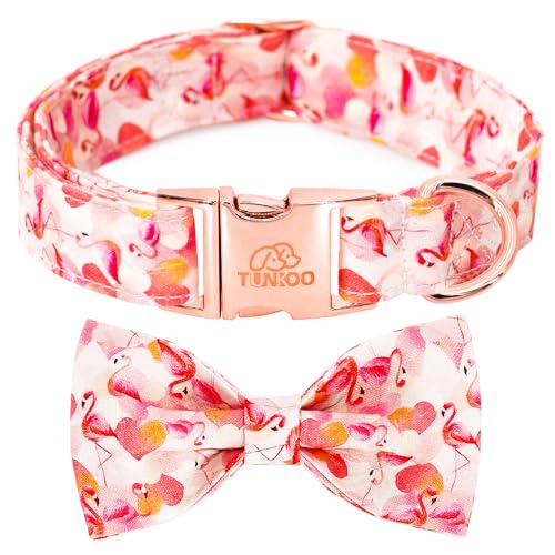 Image of Tunkoo Super Cute Dog Collar with Bow Tie Pink Flamingo Heart - Durable, Adjustable, and Stylish Pet Collar Available in Small Medium Large L