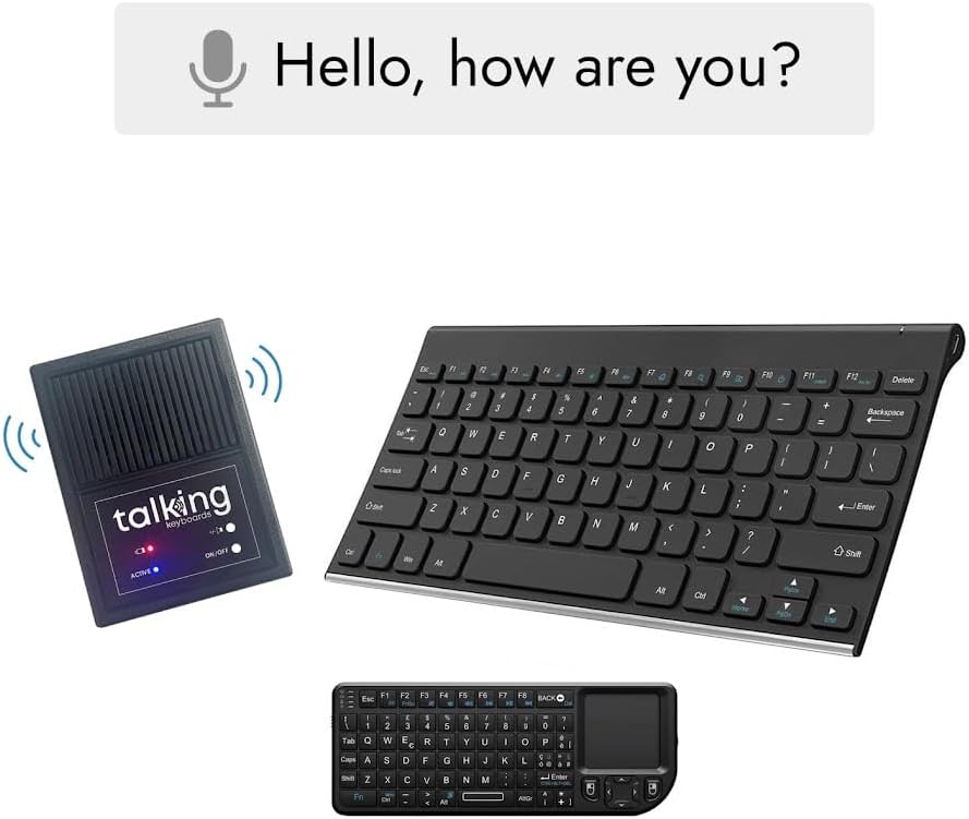 The Talking Keyboards speaker unit and standard keyboard with a speech bubble above them saying 'Hello, how are you?'