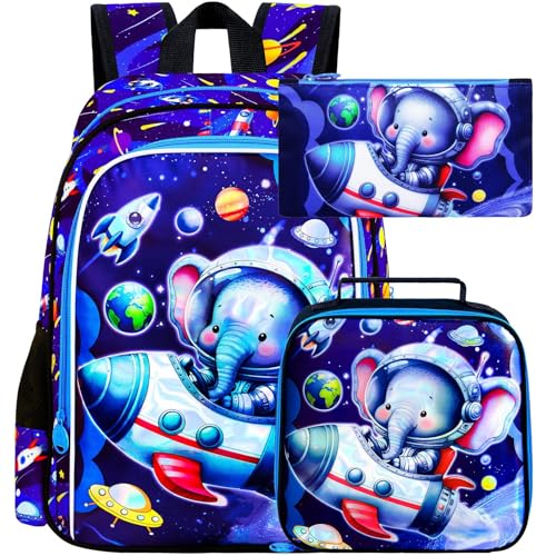 UFNDC 3PCS Boys Elephant Backpack, Kids Space Bookbag with Lunch Box, Water Resistant Rocket School Bag for Elementary Preschool Toddler