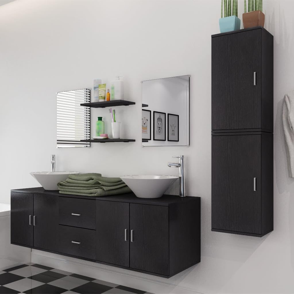 Ensemble de 9 meubles de salle de bain 150 x 45 x 45 cm Noir brillant avec 2 lavabos et 2 miroirs Étagère Meuble moderne pour salle de bain et WC d'invités