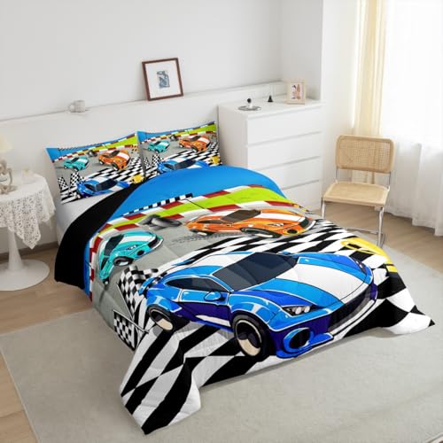 Image of Feelyou Kids Race Car Duvet Insert King Size, Blue Orange Racing Comforter Set Sports Cars Bedding Set Boys Girls Teens Bedroom Decor with 2 Pillow Case