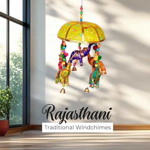 Image of Rajasthani Multicolor Elephants Jhoomer with Bell - Decorative Wind Chimes for Door & Wall Hanging, Ideal Home Decor & Gift Showpiece (Yellow)