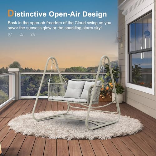 Image of PURPLE LEAF 2-Seat Cloud Swing Chair with Stand and 12 Clear LED Lights Patio Wicker Hanging Swinging for Indoor Backyard Garden Outdoor Hammock Porch Swing, Cushion and Pillows Included, Cream