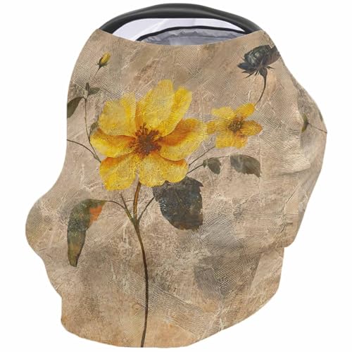 Nursing Cover for Breastfeeding Scarf, Retro Texture Yellow Flower Plant Baby Car Covers Super Soft Multi Use for Canopy Shopping Cart Cover Blanket Stroller Cover
