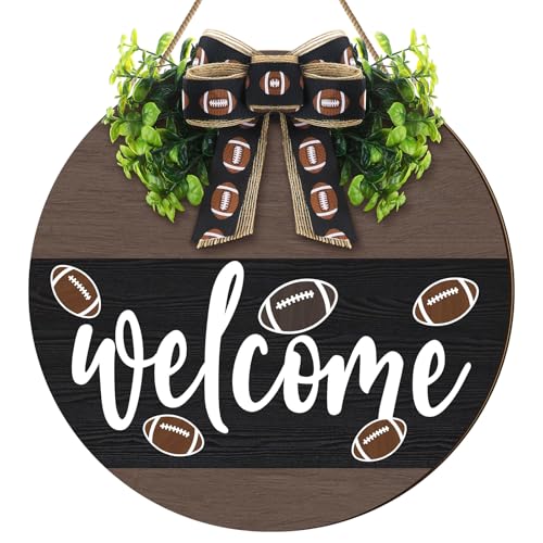 Moucuny Fall Football Welcome Wreath for Front Door Football Door Sign Autumn Wooden Hanging Wreaths Hanger Sign with Bow Farmhouse Wall Decoration for Home Front Porch Decor