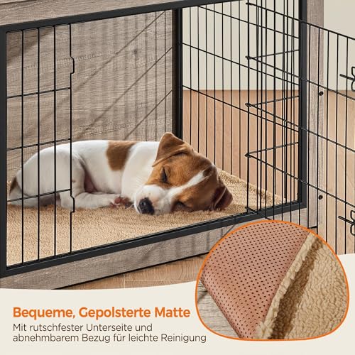 Yaheetech Hundekäfig Möbel mit Hundedecke & 2 Türen, Hundebox für Zuhause, Moderne Hundehütte Indoor, Hundebox Holz für Wohnzimmer, 96x65x68 cm, Grau