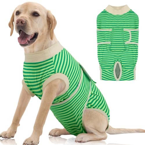 Image of FUAMEY Dog Recovery Suit Male,Dogs Surgery Neuter Suits Puppy Spay Shirts for Female Incision Protection Anti Licking Wounds Doggie Onesie Pet Bodysuit Surgical Recovery Suit Green Stripes XL