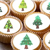 24 comestibles PRE CUT árbol de Navidad para niños, decoración de fiesta para cupcakes en papel de arroz de oblea