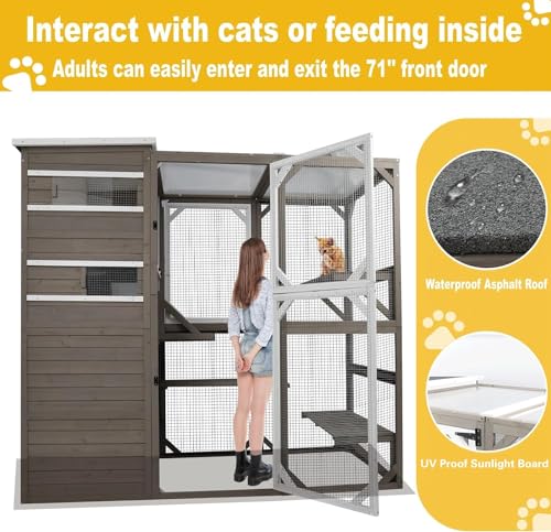 Gowoodhut Large Outdoor Catio Cat Enclosures - Wooden Cat House Weatherproof with Multi Platforms & Weather Resistant Roof, Catio Combined- 71\" H 77\" L