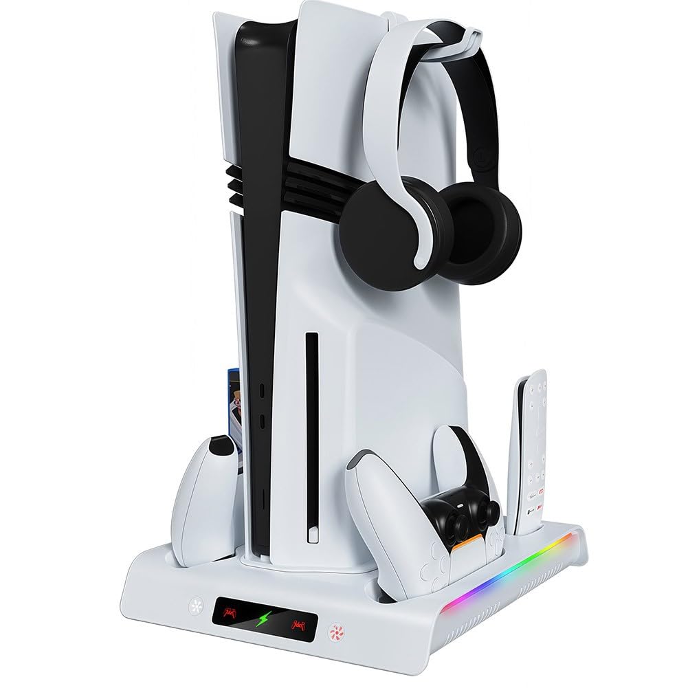 Gaming-Zubehör für PS5 Slim, Kühlfuß mit RGB-Beleuchtung, Dual-Controller-Ladestation, 3 Lüfterstufen, Lagerung für 5 Spiele und Fernbedienung, Weiß