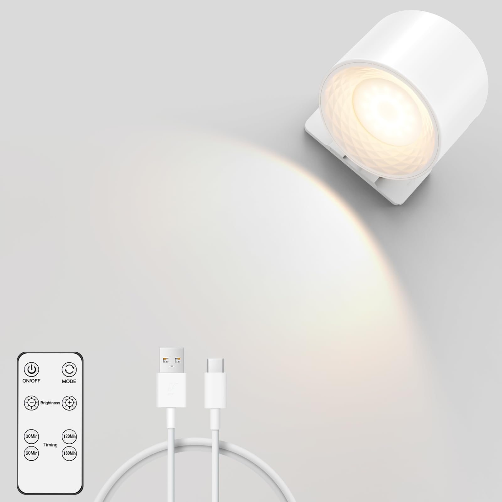 HighLuc LED Wall Lamp, 360° Rotatable Interior Wall Light, 3 Colours and 10 Levels of Brightness Wall Spotlights with Remote Control, USB-C Rechargeable Wall Lamp for Bedroom