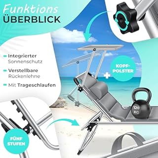 KESSER® Lettino da sole SUN con tettuccio - lettino da giardino sedia a sdraio pieghevole - con parasole - schienale reclinabile, ergonomico - superficie di riposo imbottita, Grigio