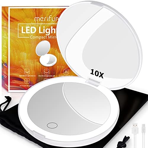 Compact Lighted Mirror, 5-inch Travel Mirror 1x/10x Magnifying, Touch Screen,3-Color Lights & Brightness Dimmable, USB Charging 1000mAh Battery(White)