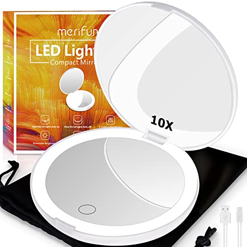 Compact Lighted Mirror, 5-Inch Travel Mirror 1X/10X Magnifying, Touch Screen,3-Color Lights & Brightness Dimmable, Usb Charging 1000Mah Battery(White) #TOP20