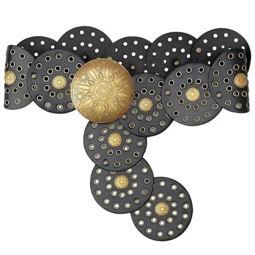 CALFOVERA Cinturón de Piel Sintética de 97.4 x 9cm con Disco Vintage, Ancho, Estilo Bohemio, Estilo Vaquera Occidental, con Hebilla de Metal para Mujer, para Vaqueros, Vestidos Y Faldas (Negro).