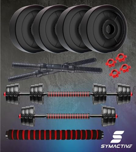 Image of Amazon Brand - Symactive 3-in-1 Convertible Dumbbell Set | 1 Kg x 4 PVC Weight Plates | 14'' Dumbbell Rods Pair & Nuts | 1 Cushioned Connector Rod | PVC | Black