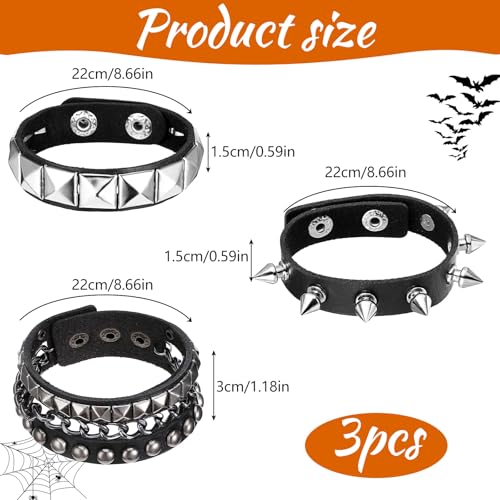 3 Pcs Punk Rock Leather Bracelets, Punk Rock Studded Bracelet Spiked Leather Cuff Bracelet for Men Women 80s Wristband Adjustable Wrap Wrist Cuffs for Halloween Party Favors2