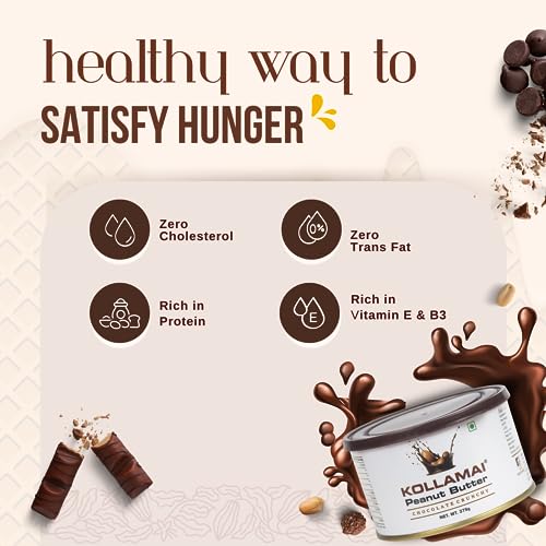 Image of Kollamai Chocolate Crunchy Peanut Butter No Sugar No Salt 26g High Protein Crispy Gluten Free No Artificial Sweeteners Vegan Energy Booster made with Roasted Peanuts Small Pack Can 375g (Pack of 1)