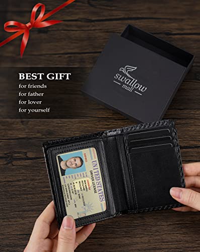 Image of Swallowmall AirTag Wallet Mens RFID Blocking Genuine Leather Bifold Men's Wallet For air tag with 2 ID Window 11 Card Holders Vertical BlackStripe(Airtag Not included)