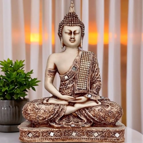 Global Grabbers Polyresin Sitting Buddha Idol Statue Showpiece for Home Decor Decoration Gift Gifting Items-STN-BS2-(00), Silver