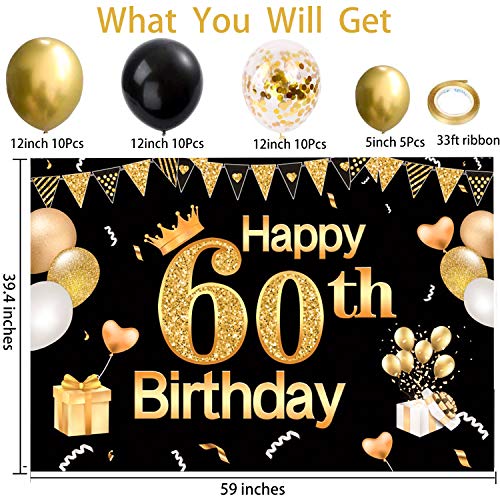 60th Birthday Decorations Happy Birthday Banner Extra Large Black Gold Sign Poster 60th Anniversary Backdrop Decorations Black and Gold Party Decorations for Man and Women Birthday Celebration