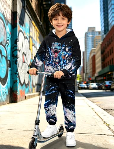 Image of Boys Clothes, T-Rex Print Dinosaur Boy Clothes Fall Winter Outfits Long-sleeved Hooded Sweatshirt Pants 2Pcs Set