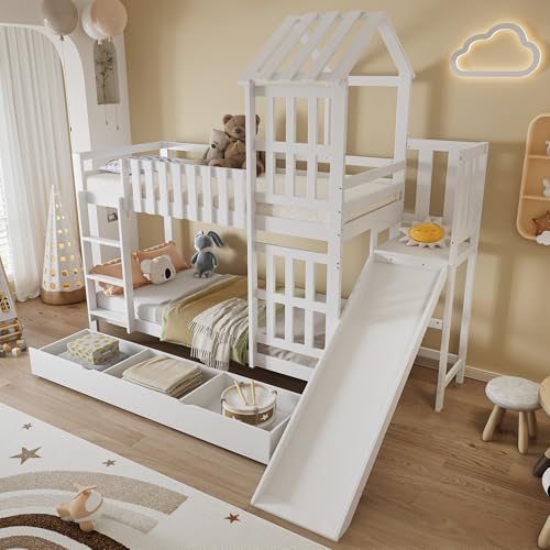 Oslghy Cama Infantil 90x200 cm, Cama Alta con Tobogán y Cajón Grande, Litera Doble Matrimonio con Escalera y Ventana, Cama Altillo para Niños con Protección Anticaída y Somier, Blanca, Sin Colchón
